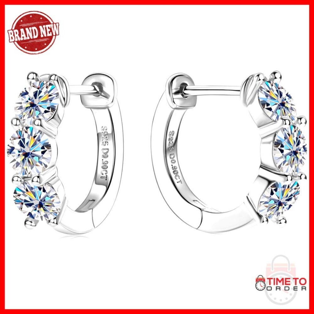 3-Stone Moissanite Hoop Earrings 1.2cttw Sterling Silver Huggies for Women Men